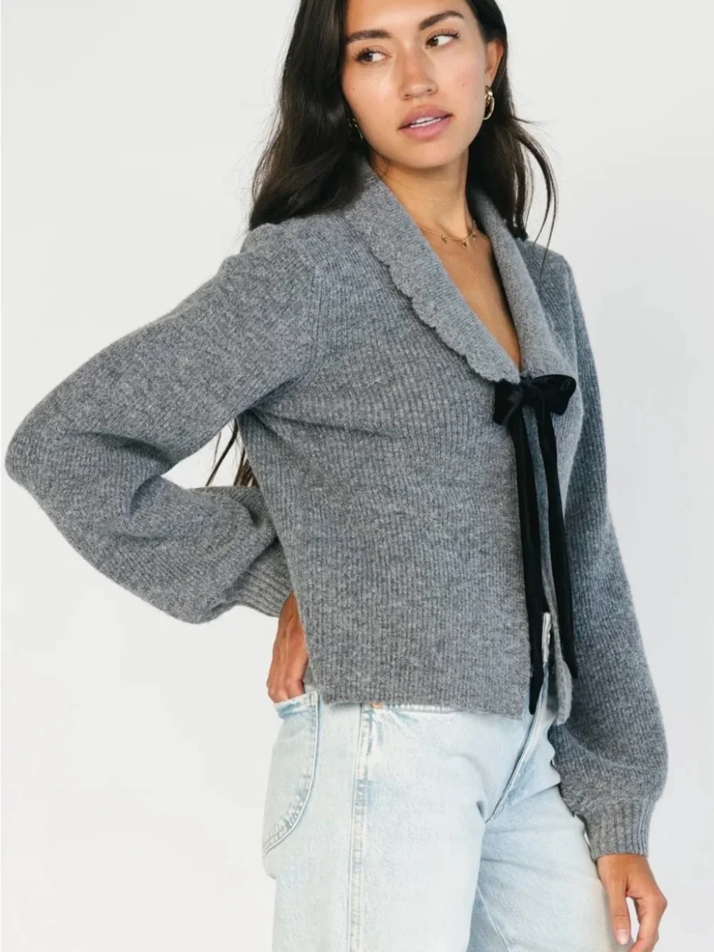 WAYF charcoal V-Neck Bow Detail Women's Sweater